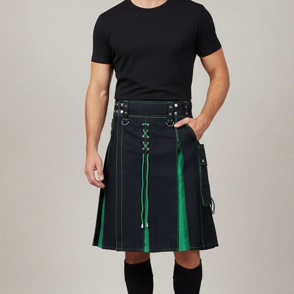 Utility Black Hybrid Kilt  Green Pleats and Lacing Highlander Kilt NEW